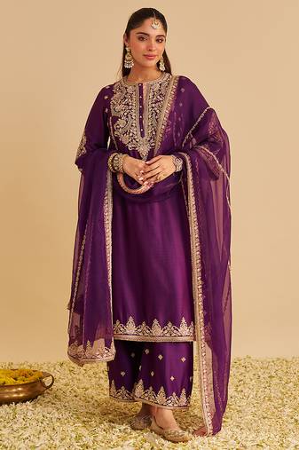 Purple embroidered silk kurta set with dupatta