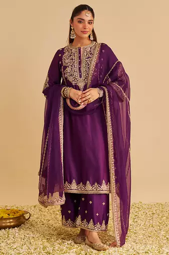 Purple embroidered silk kurta set with dupatta