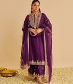 Purple embroidered silk kurta set with dupatta
