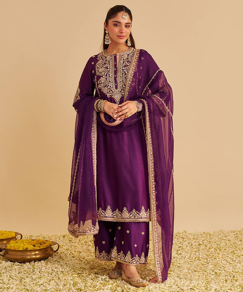 Purple embroidered silk kurta set with dupatta