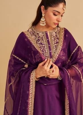 Purple embroidered silk kurta set with dupatta 2