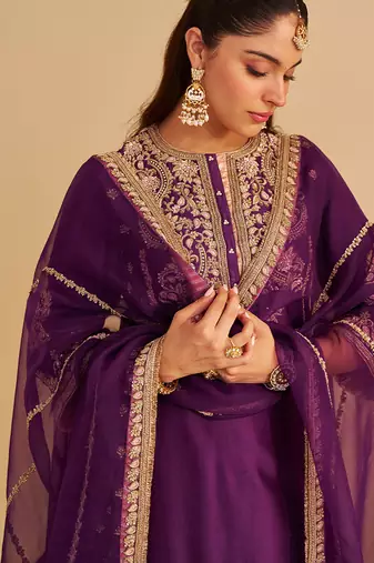 Purple embroidered silk kurta set with dupatta