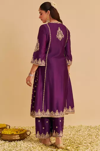 Purple embroidered silk kurta set with dupatta