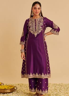 Purple embroidered silk kurta set with dupatta 4