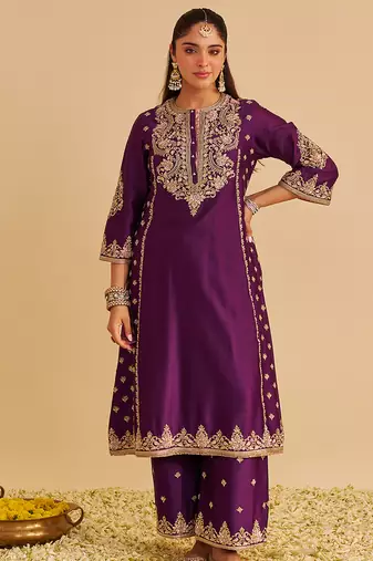 Purple embroidered silk kurta set with dupatta