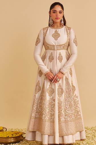 Ivory embroidered silk anarkali set with jacket