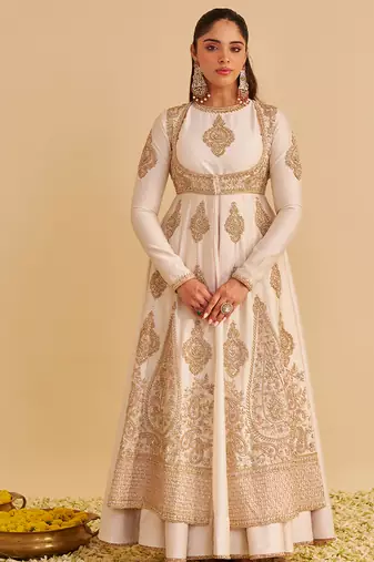 Ivory embroidered silk anarkali set with jacket