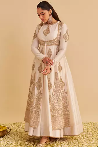 Ivory embroidered silk anarkali set with jacket
