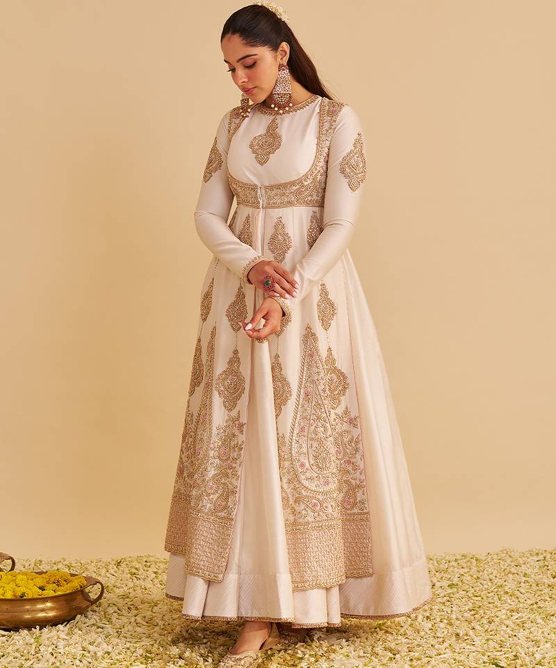Ivory embroidered silk anarkali set with jacket