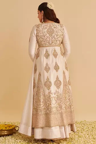 Ivory embroidered silk anarkali set with jacket