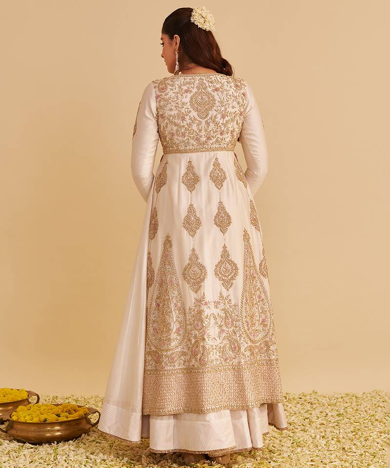 Ivory embroidered silk anarkali set with jacket