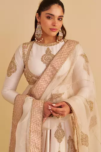 Ivory embroidered silk anarkali set with jacket