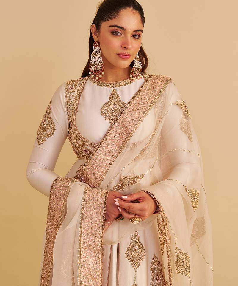Ivory embroidered silk anarkali set with jacket