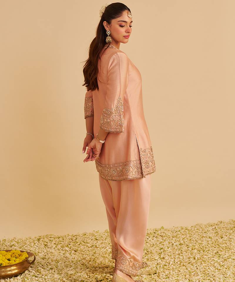 Rose embroidered silk kurta set with dupatta