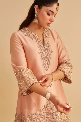 Rose embroidered silk kurta set with dupatta