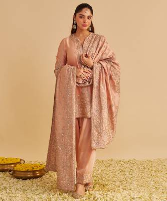Rose embroidered silk kurta set with dupatta 3