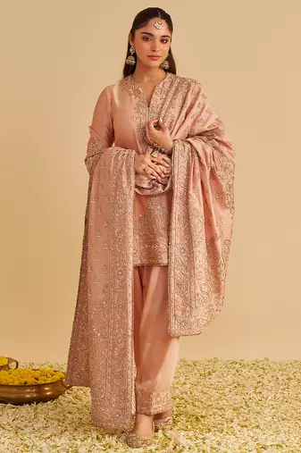 Rose embroidered silk kurta set with dupatta