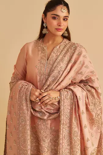Rose embroidered silk kurta set with dupatta
