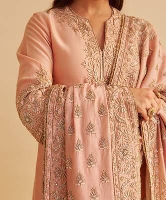 Rose embroidered silk kurta set with dupatta 5