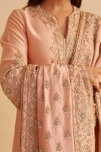 Rose embroidered silk kurta set with dupatta