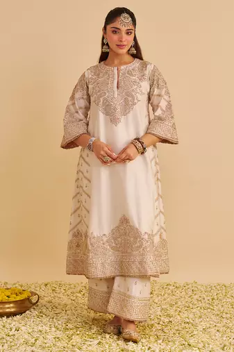 Ivory embroidered silk kurta set with dupatta