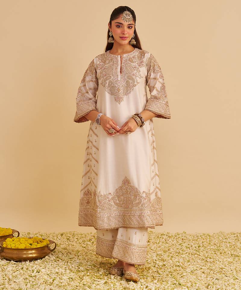 Ivory embroidered silk kurta set with dupatta