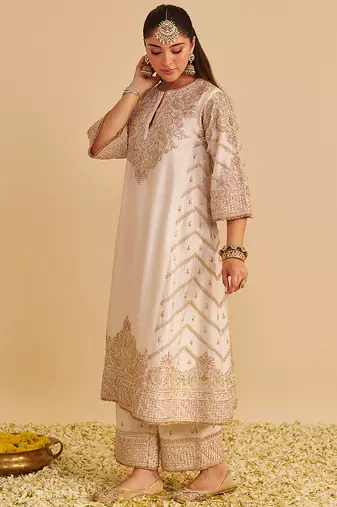Ivory embroidered silk kurta set with dupatta