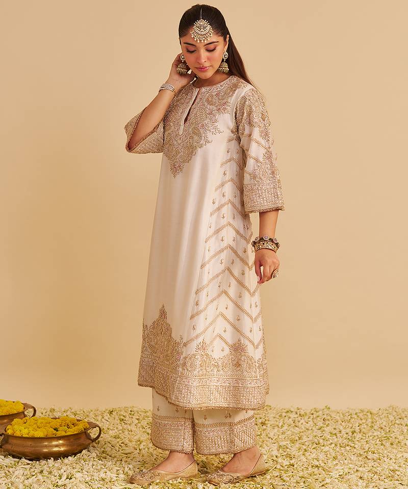 Ivory embroidered silk kurta set with dupatta