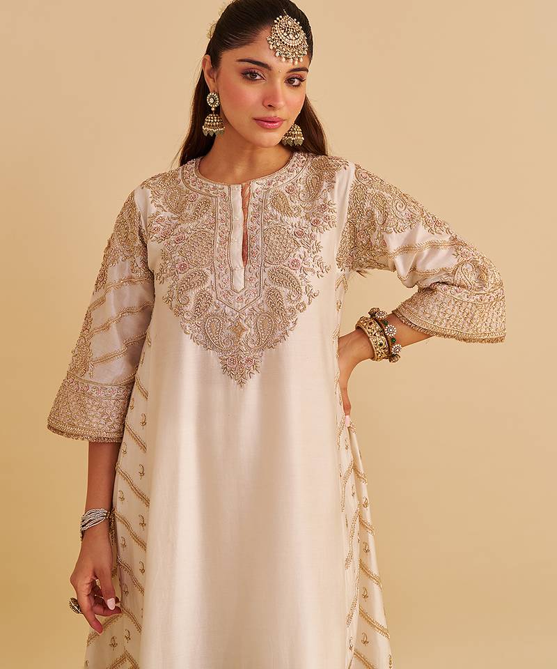 Ivory embroidered silk kurta set with dupatta