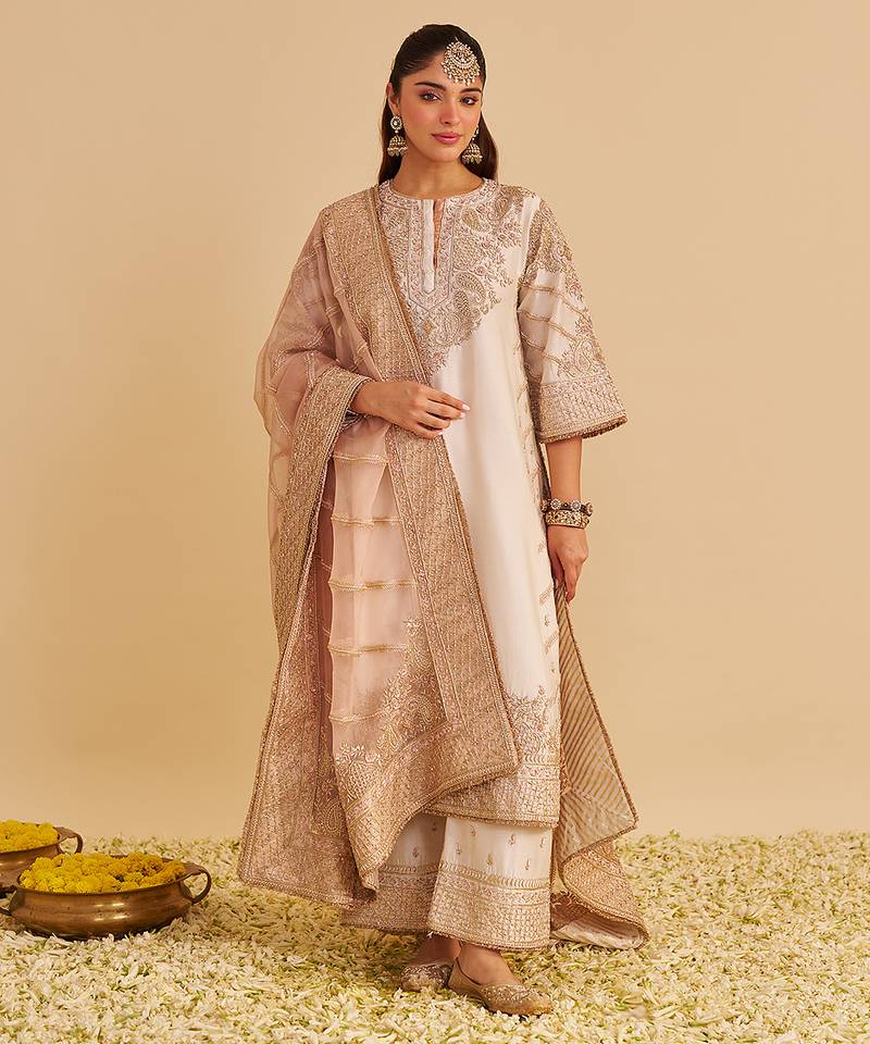 Ivory embroidered silk kurta set with dupatta