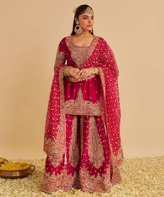 Pink embroidered silk sharara set 1