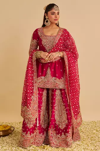 Pink embroidered silk sharara set