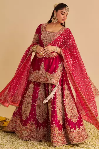 Pink embroidered silk sharara set