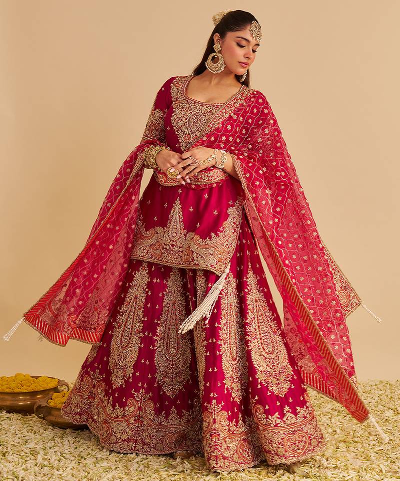 Pink embroidered silk sharara set