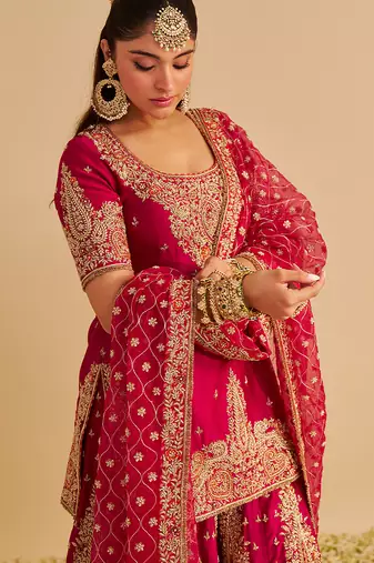 Pink embroidered silk sharara set