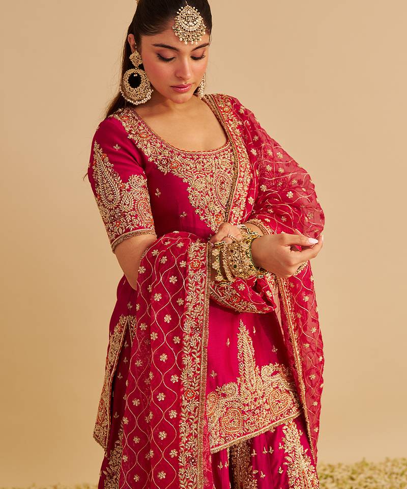 Pink embroidered silk sharara set
