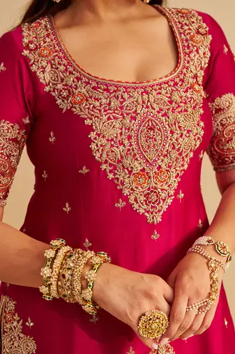 Pink embroidered silk sharara set