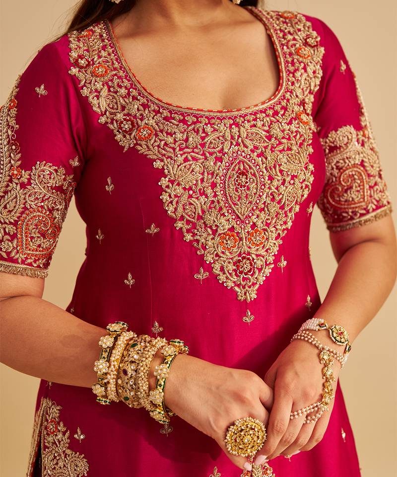 Pink embroidered silk sharara set
