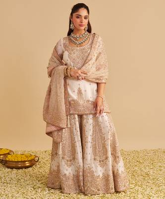 Ivory embroidered silk sharara set 1