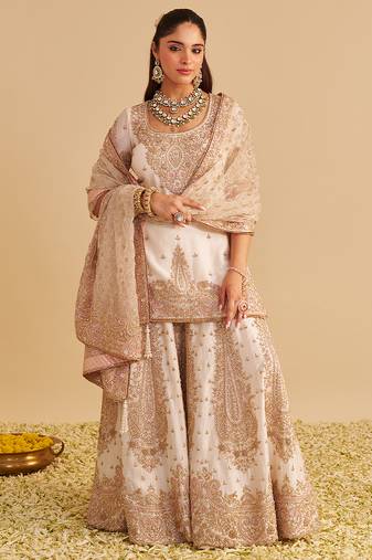 Ivory embroidered silk sharara set