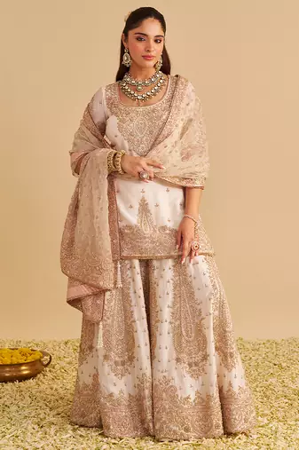 Ivory embroidered silk sharara set