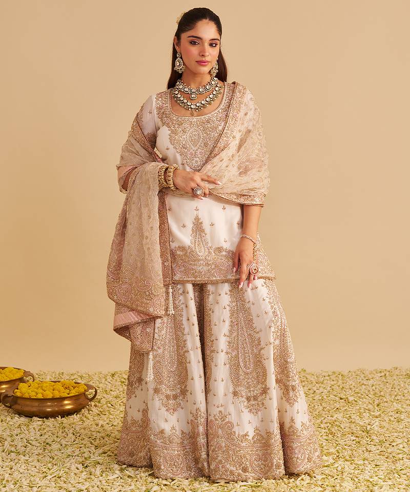 Ivory embroidered silk sharara set