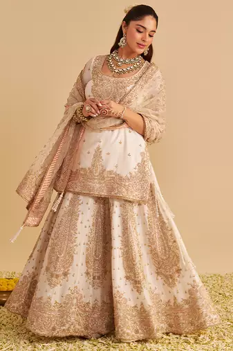 Ivory embroidered silk sharara set