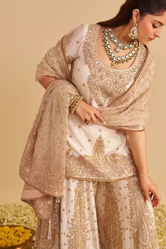 Ivory embroidered silk sharara set