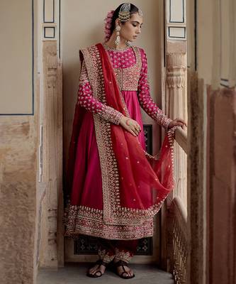 Pink embroidered silk anarkali set with jacket 1