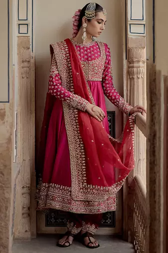 Pink embroidered silk anarkali set with jacket