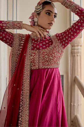 Pink embroidered silk anarkali set with jacket