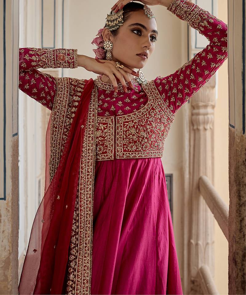 Pink embroidered silk anarkali set with jacket