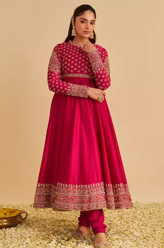 Pink embroidered silk anarkali set with jacket