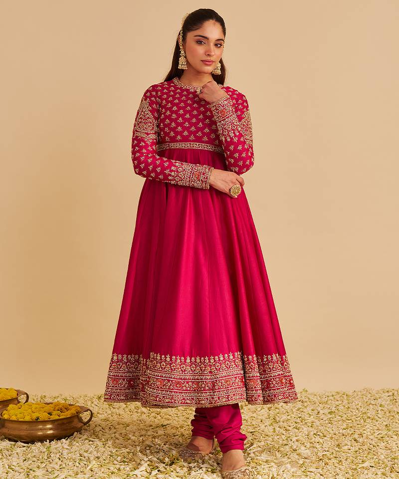 Pink embroidered silk anarkali set with jacket